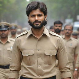 Vijay Devarakonda, the South Indian actor, perfectly suited up in a police officer's uniform, radiating authority and commitment