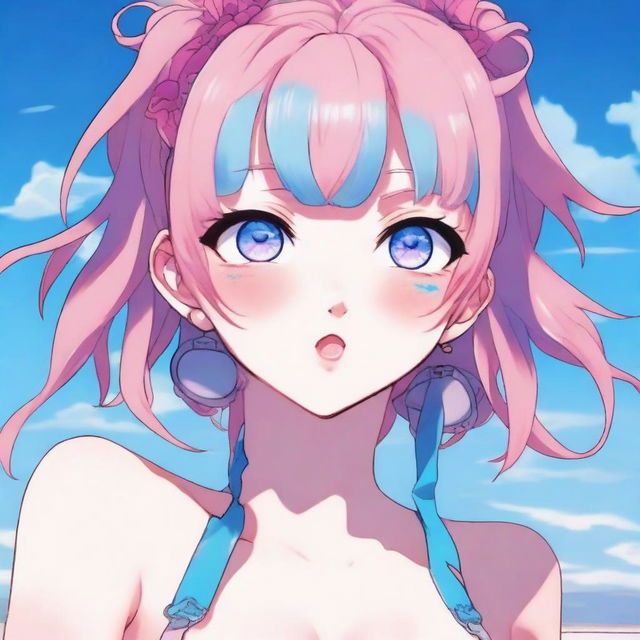 A tastefully drawn anime art piece displaying a petite 18-year-old girl with animal-like features, pink hair, and sky-blue eyes