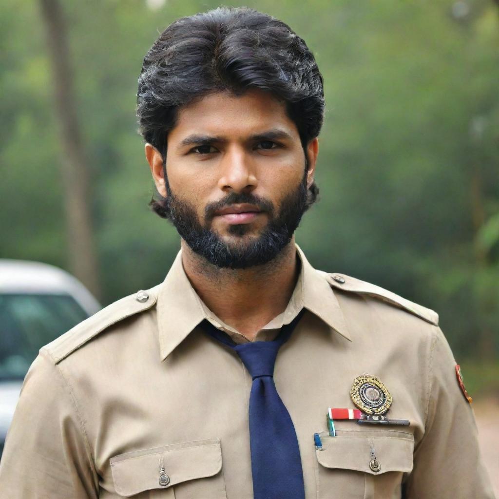 Vijay Devarakonda, the South Indian actor, perfectly suited up in a police officer's uniform, radiating authority and commitment