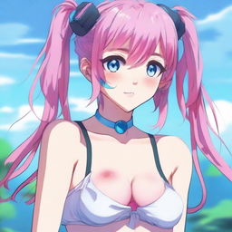 A tastefully drawn anime art piece displaying a petite 18-year-old girl with animal-like features, pink hair, and sky-blue eyes