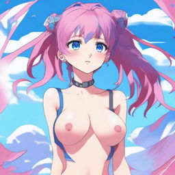 A tastefully drawn anime art piece displaying a petite 18-year-old girl with animal-like features, pink hair, and sky-blue eyes