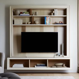 A modern TV wall paneling incorporating a bookshelf and display corner. Materials should reflect a blend of coziness and elegance