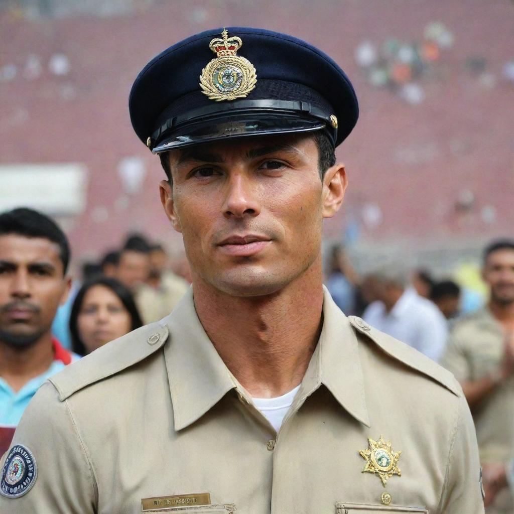 Cristiano Ronaldo, the renowned footballer, amusingly donned in an Indian police uniform, complete with the traditional hat