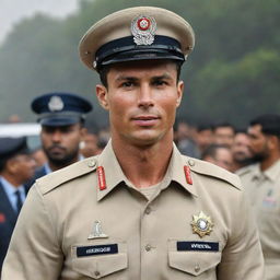 Cristiano Ronaldo, the renowned footballer, amusingly donned in an Indian police uniform, complete with the traditional hat