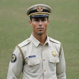 Cristiano Ronaldo, the renowned footballer, amusingly donned in an Indian police uniform, complete with the traditional hat