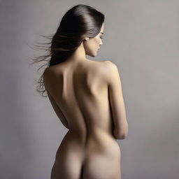 Create an artistic and tasteful image of a topless woman, viewed from the rear