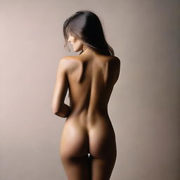 Create an artistic and tasteful image of a topless woman, viewed from the rear