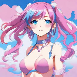 A tastefully drawn anime art piece displaying a petite 18-year-old girl with animal-like features, pink hair, and sky-blue eyes