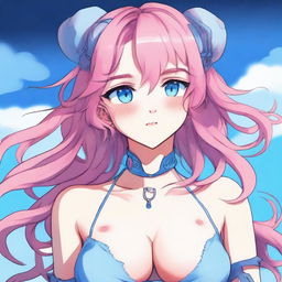 A tastefully drawn anime art piece displaying a petite 18-year-old girl with animal-like features, pink hair, and sky-blue eyes