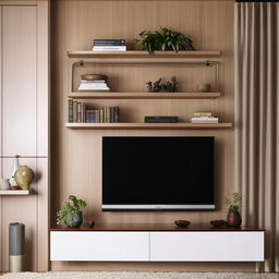 A modern TV wall paneling incorporating a bookshelf and display corner. Materials should reflect a blend of coziness and elegance