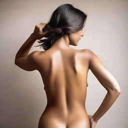 Create an artistic and tasteful image of a topless woman, viewed from the rear, showing suntan lines