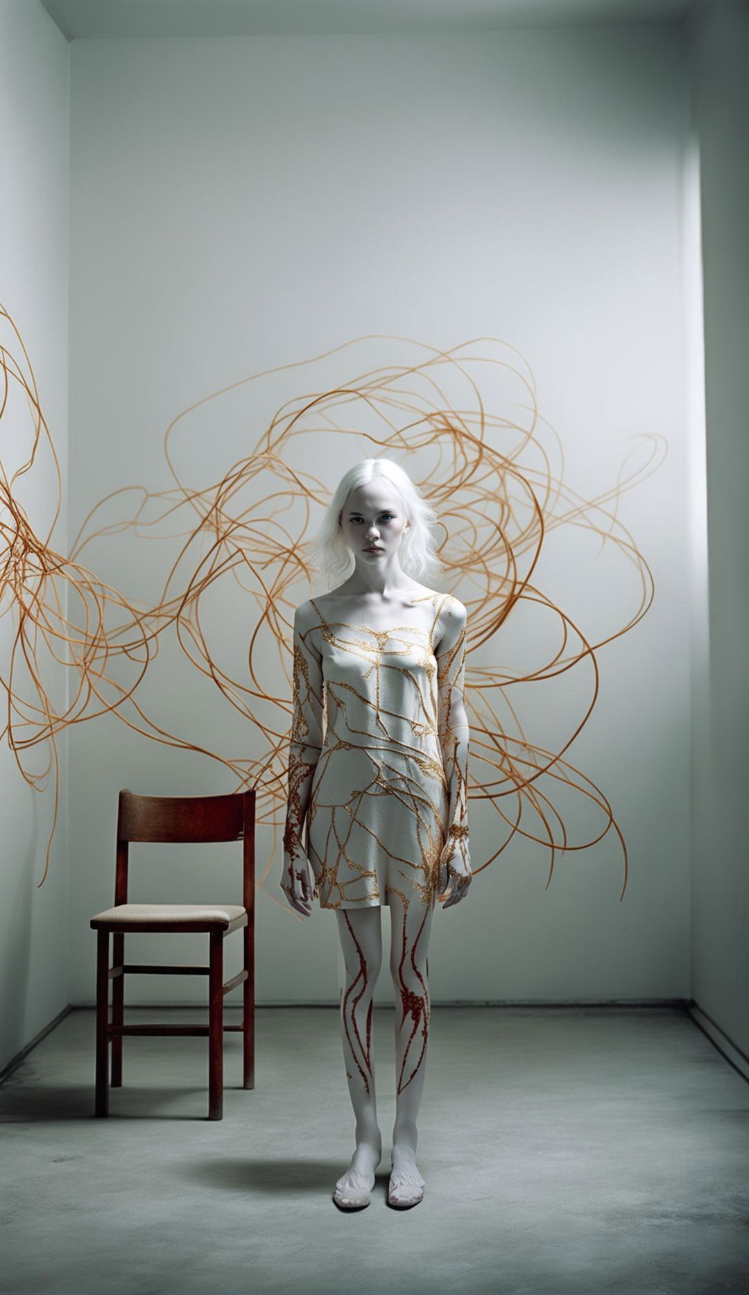 Albino girl with extreme kintsugi patterns stands in a minimalist room with theatrical lighting casting long shadows. Eerie red smoke swirls around her.