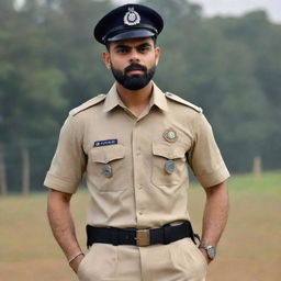 Virat Kohli, an eminent Indian cricketer, confidently styled in a sharp, professional police uniform