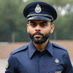 Virat Kohli, an eminent Indian cricketer, confidently styled in a sharp, professional police uniform