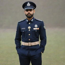 Virat Kohli, an eminent Indian cricketer, confidently styled in a sharp, professional police uniform