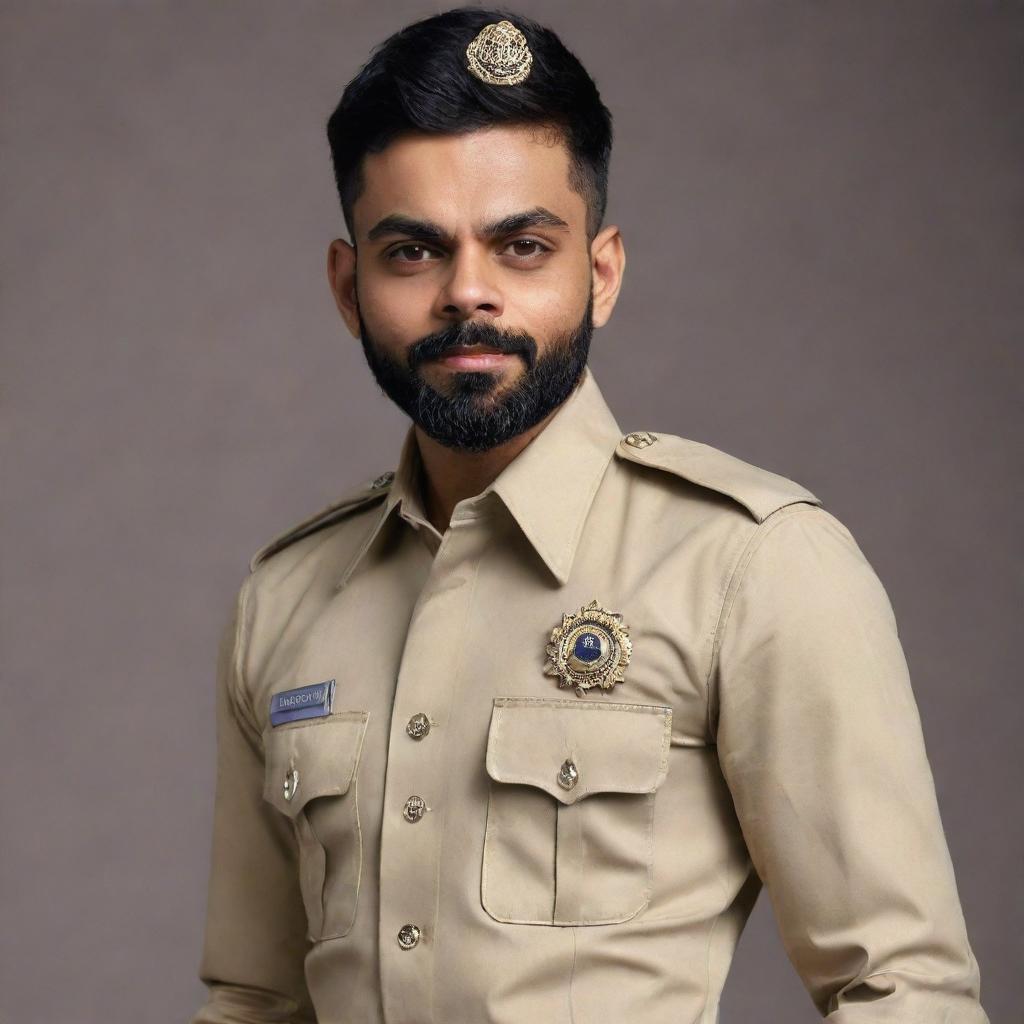 Virat Kohli, an eminent Indian cricketer, confidently styled in a sharp, professional police uniform