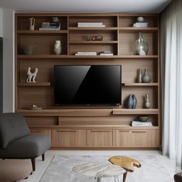 A modern TV wall paneling incorporating a bookshelf and display corner. Materials should reflect a blend of coziness and elegance