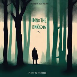 Create a book cover with a mysterious vibe, featuring a dark forest in the background and a silhouette of a person standing at the edge of the forest