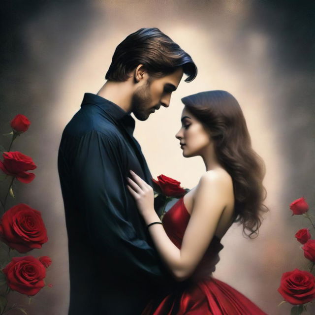 A dark romance book cover featuring a beautiful couple standing together