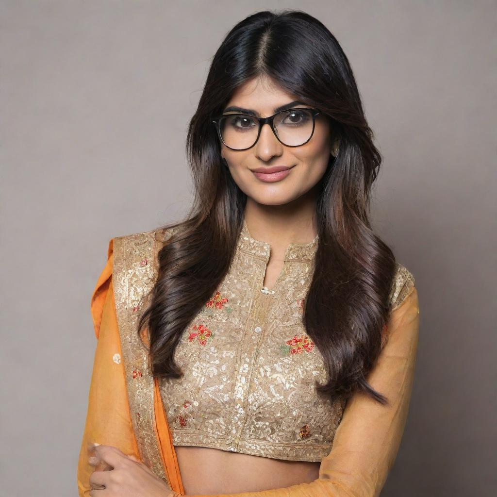 Mia Khalifa, an internet personality, elegantly clad in a classic Indian attire with modest and colorful features