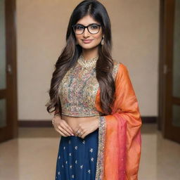 Mia Khalifa, an internet personality, elegantly clad in a classic Indian attire with modest and colorful features