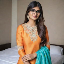 Mia Khalifa, an internet personality, elegantly clad in a classic Indian attire with modest and colorful features