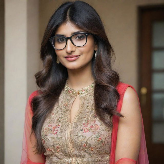 Mia Khalifa, an internet personality, elegantly clad in a classic Indian attire with modest and colorful features