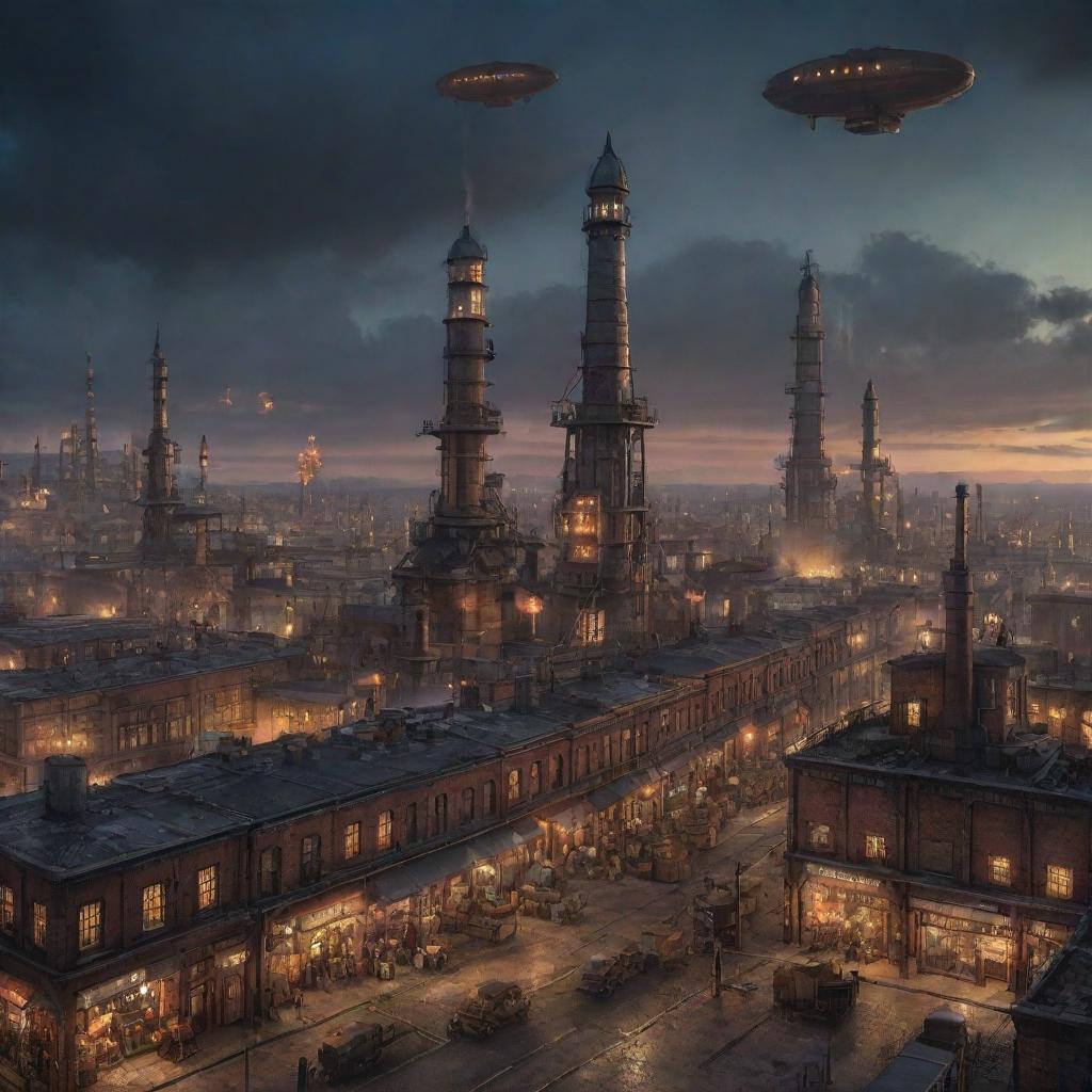 A Gaspunk-style city, dominated by towering industrial facilities, venting chimneys, gas-powered vehicles and airships, all under a sky lit by the glow of gas-lit streetlights