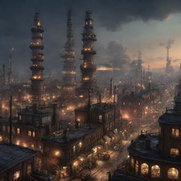 A Gaspunk-style city, dominated by towering industrial facilities, venting chimneys, gas-powered vehicles and airships, all under a sky lit by the glow of gas-lit streetlights