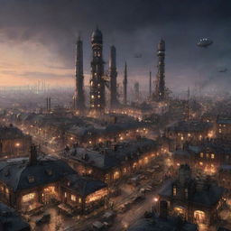 A Gaspunk-style city, dominated by towering industrial facilities, venting chimneys, gas-powered vehicles and airships, all under a sky lit by the glow of gas-lit streetlights