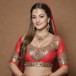 Dani Daniels, a popular web personality, beautifully dressed in traditional Indian attire, filled with vibrant colors and intricate designs