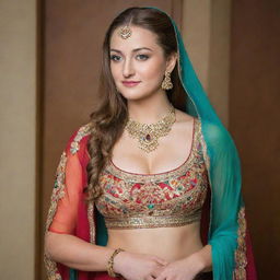 Dani Daniels, a popular web personality, beautifully dressed in traditional Indian attire, filled with vibrant colors and intricate designs