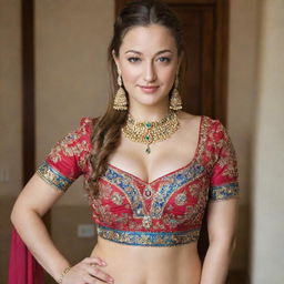 Dani Daniels, a popular web personality, beautifully dressed in traditional Indian attire, filled with vibrant colors and intricate designs