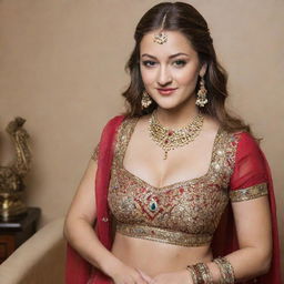 Dani Daniels, a popular web personality, beautifully dressed in traditional Indian attire, filled with vibrant colors and intricate designs