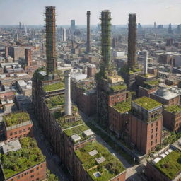 A hybrid cityscape combining Ecopunk and Gaspunk styles, balancing towering industrial facilities and venting chimneys, with green rooftops, biodomes, renewable energy sources, and urban farming structures