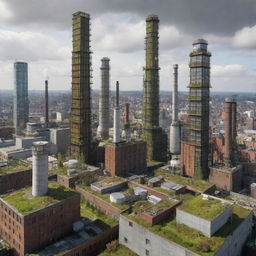 A hybrid cityscape combining Ecopunk and Gaspunk styles, balancing towering industrial facilities and venting chimneys, with green rooftops, biodomes, renewable energy sources, and urban farming structures