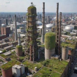 A hybrid cityscape combining Ecopunk and Gaspunk styles, balancing towering industrial facilities and venting chimneys, with green rooftops, biodomes, renewable energy sources, and urban farming structures