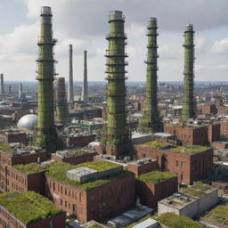 A hybrid cityscape combining Ecopunk and Gaspunk styles, balancing towering industrial facilities and venting chimneys, with green rooftops, biodomes, renewable energy sources, and urban farming structures