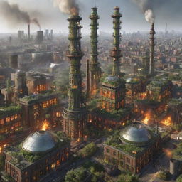 An amalgam of Firepunk, Ecopunk, and Gaspunk styles for a unique cityscape, balancing the industrial facilities and venting chimneys with green rooftops, biodomes, while incorporating flaming chimneys, torch-lit streets, and fire-powered technologies