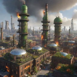 An amalgam of Firepunk, Ecopunk, and Gaspunk styles for a unique cityscape, balancing the industrial facilities and venting chimneys with green rooftops, biodomes, while incorporating flaming chimneys, torch-lit streets, and fire-powered technologies