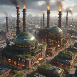 An amalgam of Firepunk, Ecopunk, and Gaspunk styles for a unique cityscape, balancing the industrial facilities and venting chimneys with green rooftops, biodomes, while incorporating flaming chimneys, torch-lit streets, and fire-powered technologies