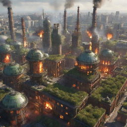 An amalgam of Firepunk, Ecopunk, and Gaspunk styles for a unique cityscape, balancing the industrial facilities and venting chimneys with green rooftops, biodomes, while incorporating flaming chimneys, torch-lit streets, and fire-powered technologies