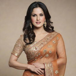 Sunny Leone, a well-known actress, gracefully dressed in a beautiful, traditional Indian saree with detailed embroidery