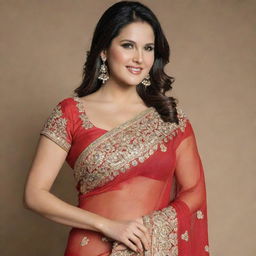 Sunny Leone, a well-known actress, gracefully dressed in a beautiful, traditional Indian saree with detailed embroidery