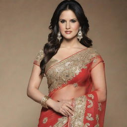 Sunny Leone, a well-known actress, gracefully dressed in a beautiful, traditional Indian saree with detailed embroidery