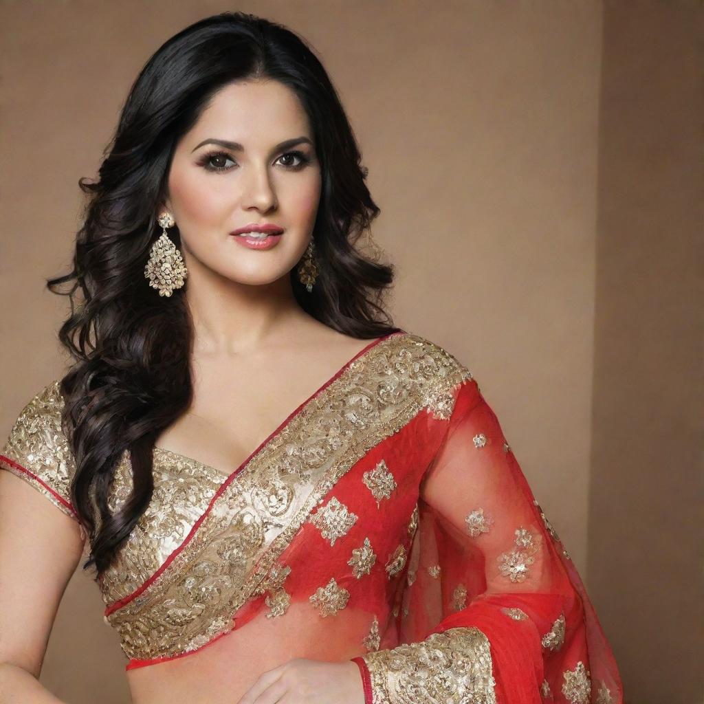 Sunny Leone, a well-known actress, gracefully dressed in a beautiful, traditional Indian saree with detailed embroidery