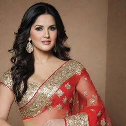 Sunny Leone, a well-known actress, gracefully dressed in a beautiful, traditional Indian saree with detailed embroidery