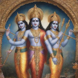 A divine imagery featuring Lord Ram and Lord Krishna, two prominent deities in Hindu mythology, together in an ornate, mystical setting