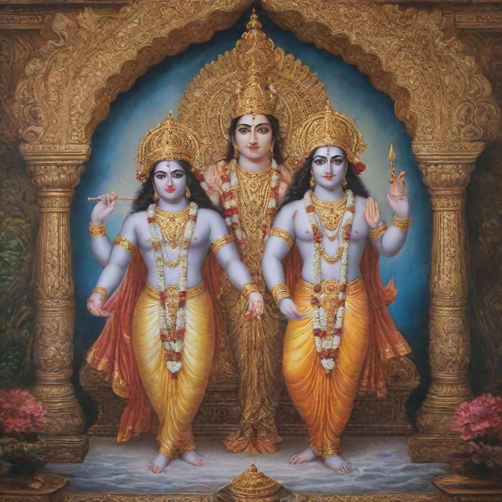 A divine imagery featuring Lord Ram and Lord Krishna, two prominent deities in Hindu mythology, together in an ornate, mystical setting