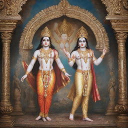 A divine imagery featuring Lord Ram and Lord Krishna, two prominent deities in Hindu mythology, together in an ornate, mystical setting